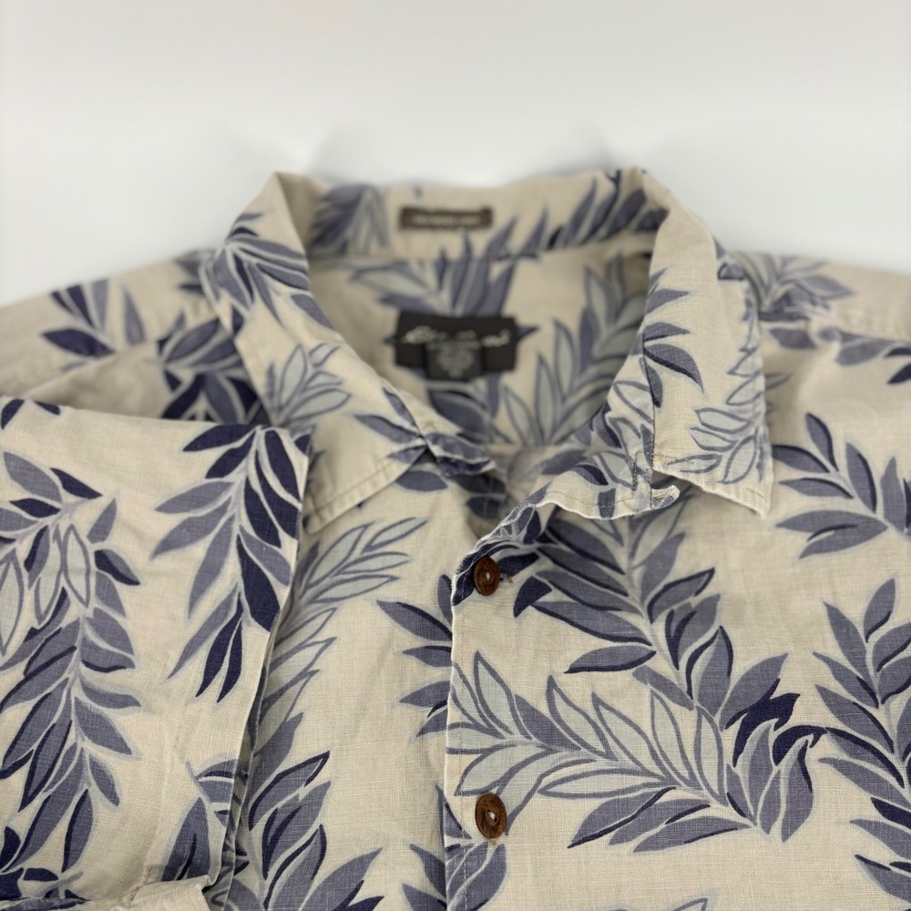 Eddie Bauer Mens XL Weathered Linen Cotton Tropical Leaf Button Down Shirt Tan